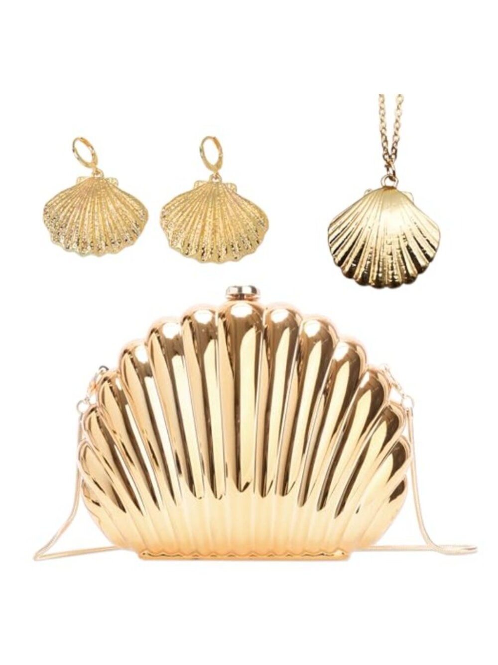 JeVenis Gold Seashell Clutch Transparent Chain Shoulder Bag Summer Evening